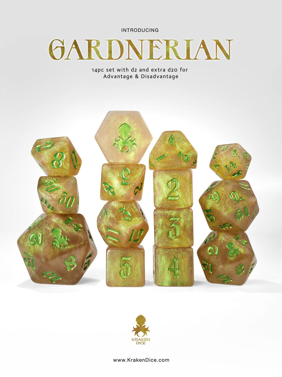 Gardnerian : Green Gold Shimmer 14pc Green Ink Dice Set